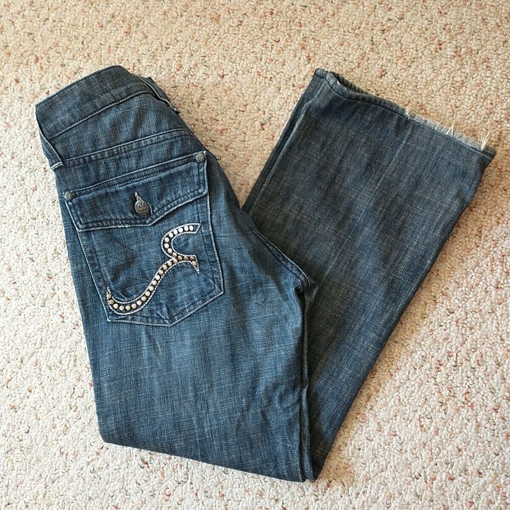 Rock & Republic Jeans Women 29x28 Blue Denim Button Fly Studded Boot Cut Studded
